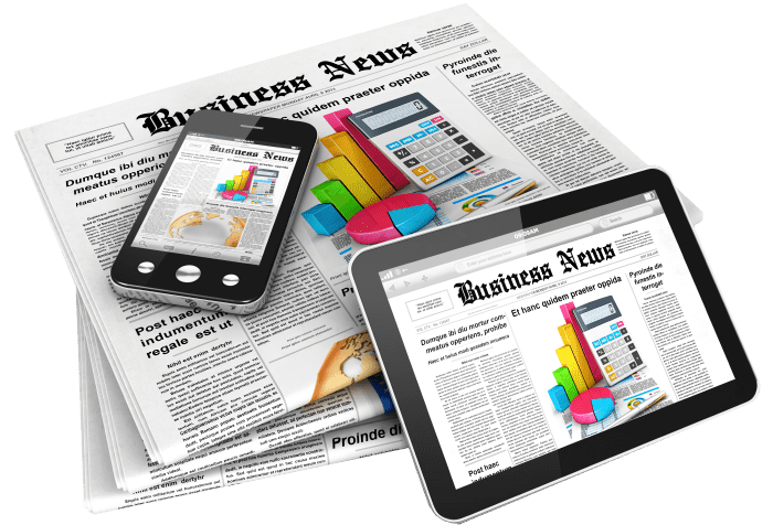 Stack of Newspapers, Cell Phone, and Tablet with Business News Header and News Articles