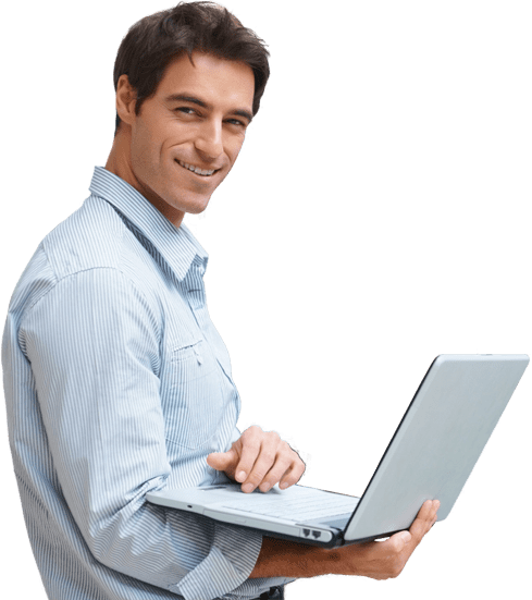 Smiling Man Holding Laptop Computer