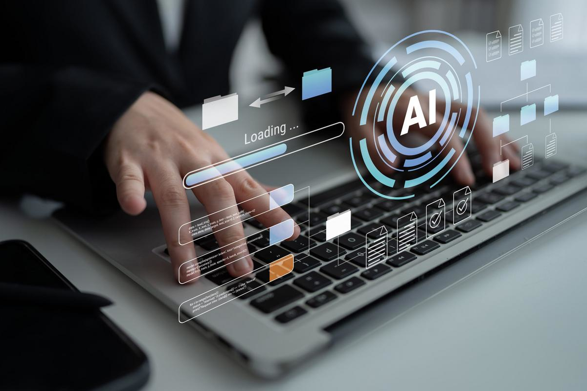 Person typing on a laptop with a holographic AI interface displaying documents, folders, and data.